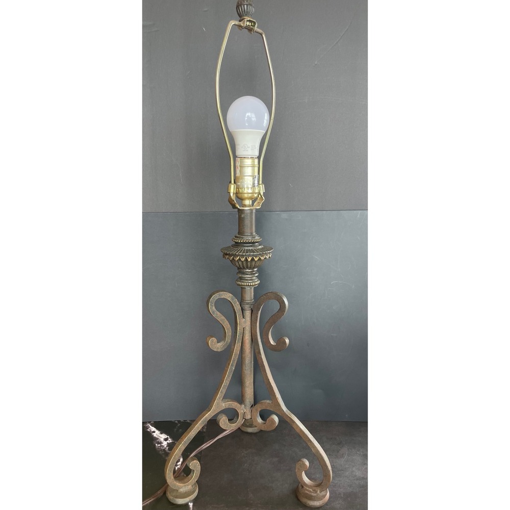 Vintage Antiqued Bronze Scroll Metal Table Lamp Base Tripod French Country Style